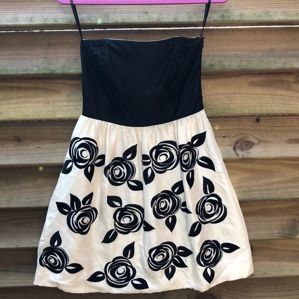 Black & Ivory Strapless Embroidered Rose Dress
